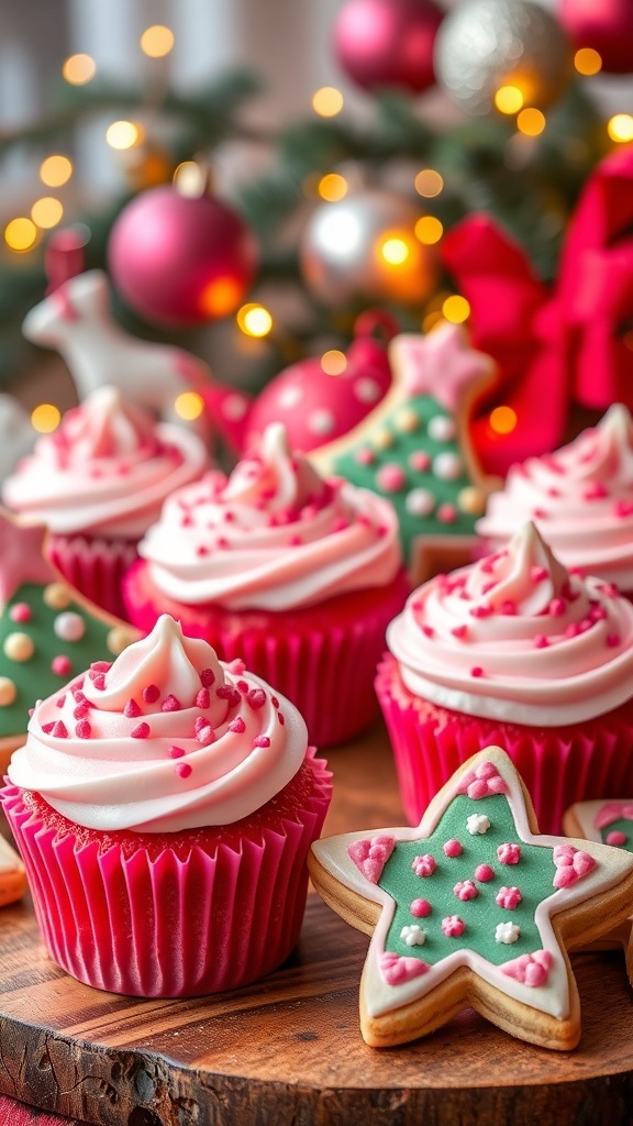 Festive pink Christmas treats including cupcakes and decorated cookies on a holiday table.